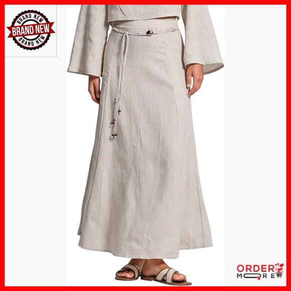 Dresses & Skirts - 100% Linen Maxi Skirt with Belt A-Line Relaxed Fit High Rise
